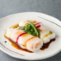 Rainbow Prawn Rice Crepe | 彩虹大蝦腸粉  · vegetable juices infused rice batter, chopped jumbo shrimp, scallions
