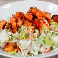BUFFALO CHICKEN SALAD · Chopped romaine, celery, carrots, cherry tomato, red onions, blue cheese crumble, B's ranch,...