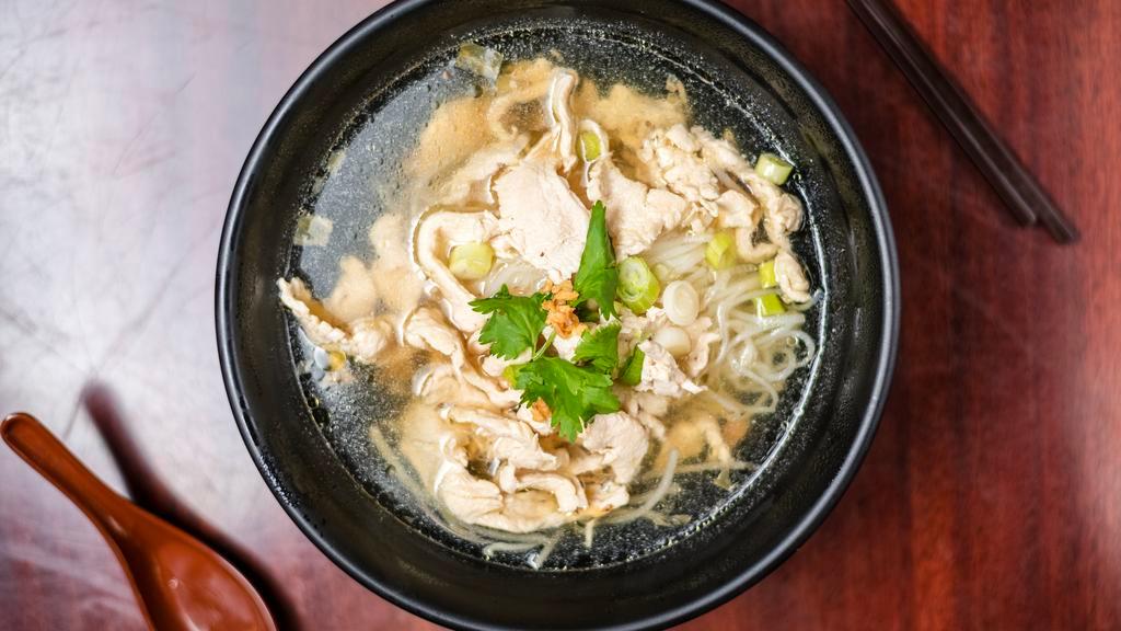 H. Chicken Noodle Soup · Your choice of noodle with chicken slices and bean sprouts in chicken broth.