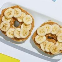 Peanut Butter Banana Bagel · A toasted bagel topped with creamy peanut butter and banana slices.