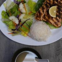 Salmon Plate · Grilled salmon served with steamed rice, house salad, and miso soup. Need utensils? Make sur...
