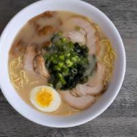 Tonkatsu Ramen · Chashu pork with bamboo shoots, green onions, boiled egg, & seaweed. Need utensils? Make sur...