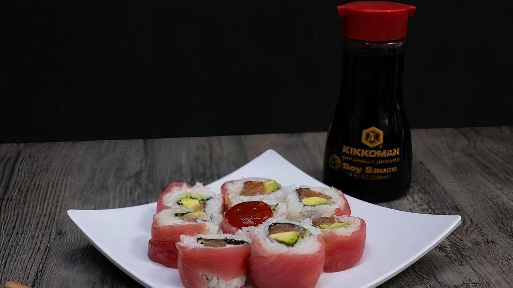 Okaasan (8 pcs) · Salmon and avocado topped with tuna & tobiko. Need utensils? Make sure to add on utensils during checkout! In an effort to go green, Utensils are upon request only.