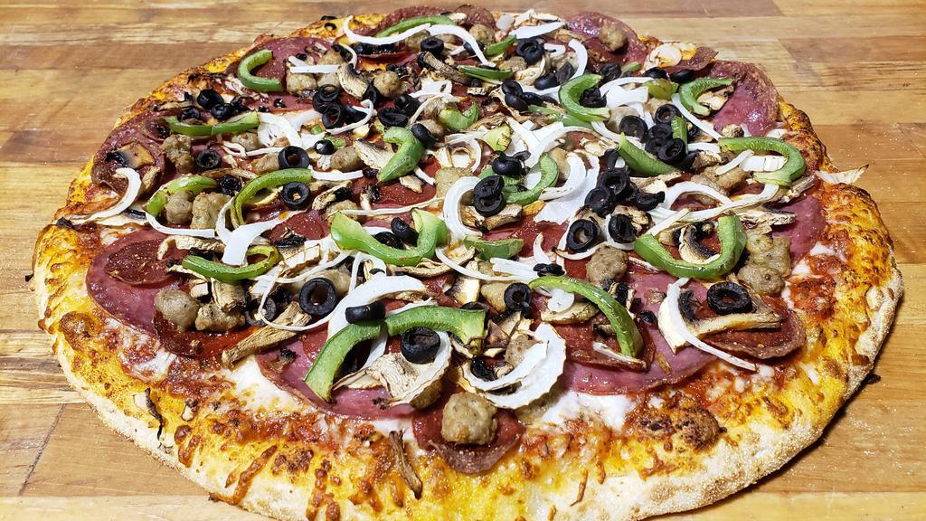 Con Todo (Combination) · Red Tomato Sauce, Shredded Mozzarella Cheese, Salami, Pepperoni, Italian Sausage, Mushrooms, Onions, Green Bell Peppers and Black Olives.