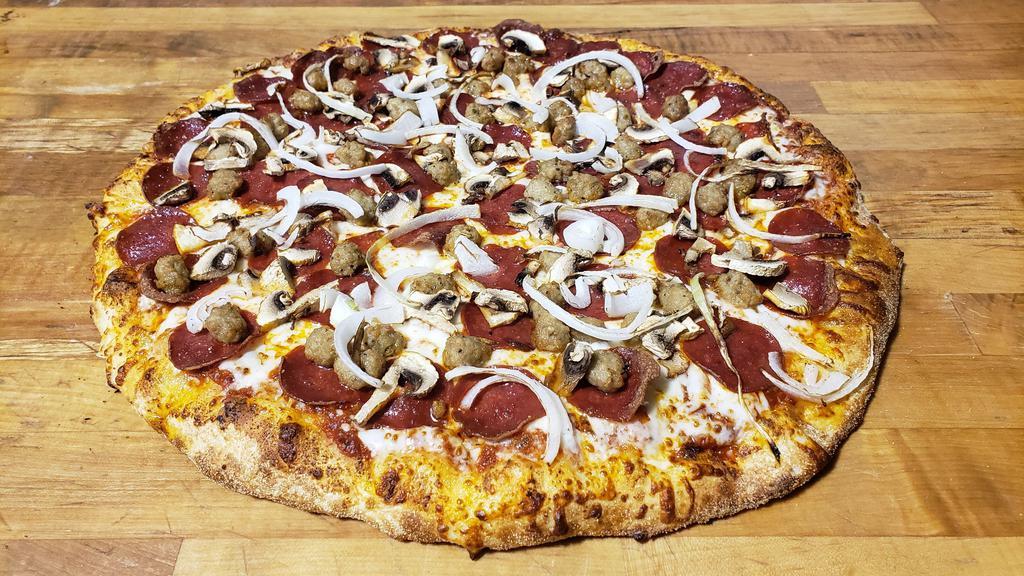 Rosa's 5 Million $ Pizza · Red Tomato Sauce, Shredded Mozzarella Cheese, Pepperoni, Italian Sausage, Mushrooms and Onions.