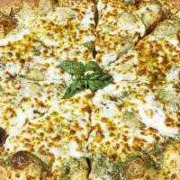 La Pizza Verde (Pesto) · Garlic Basil Pesto Sauce and Shredded Mozzarella Cheese.