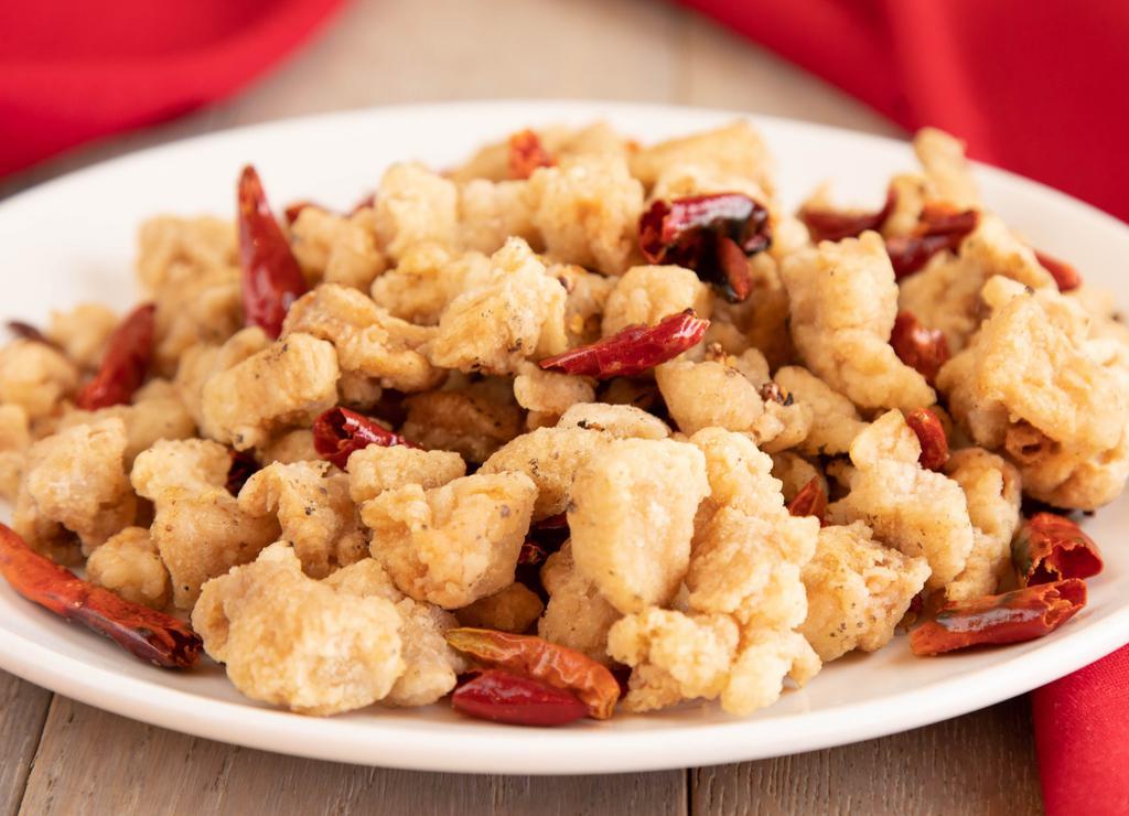 🌶Chong Qing Style Crispy Chicken · Spicy. Deep fried pieces of chicken, dried Szechuan Chili Pepper, corn chili pepper, garlic and ginger.