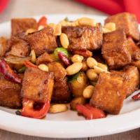 🌶Kung Pao Tofu (Spicy) · Spicy. Bell peppers, onions, celery, zucchini, water chestnuts, fried tofu with red hot pepp...