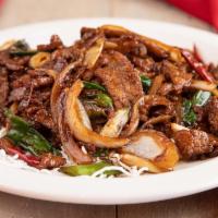 🌶Mongolian · Spicy. Tender beef (or lamb) sauteed with green onion, white onion and red hot pepper in our...