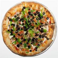 Vegetarian Pizza (Small 12'') · Roasted garlic, mushrooms, green peppers, onions, olives, and fresh tomatoes.