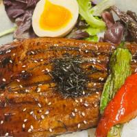 Unagi Don + Karaage 4cps Set · Simmered Eel over rice, 4pcs Chicken Karaage (side Japanese mayo), peppers, half-boiled egg,...