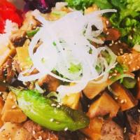 Regular Chashu Don · Soy-based sweet simmered chashu pork over rice, topped with peppers, pickles, onions, fresh ...