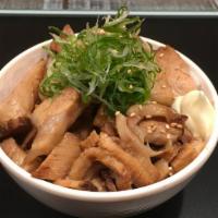 Mini Chashu Don · simmered chashu pork in sweet sauce topped with sesame seeds, green onion and Japanese mayon...