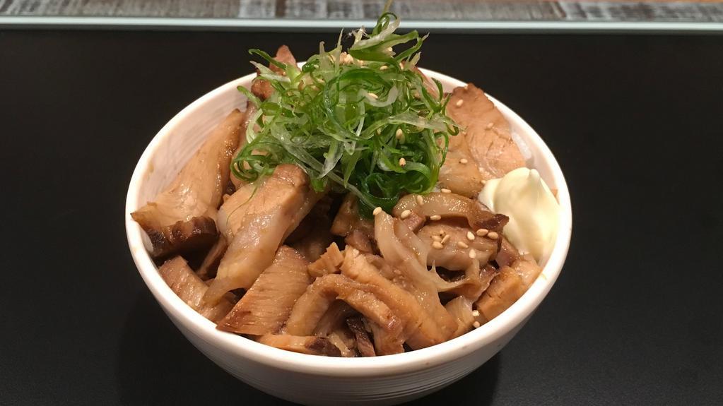 Mini Chashu Don · simmered chashu pork in sweet sauce topped with sesame seeds, green onion and Japanese mayonnaise.
