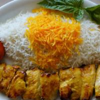 #19. Chicken Breast Kabob (Joojeh) · Skewered pieces of chicken breast, marinated in our special sauce.