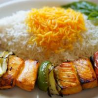 #26. Fish Kabob · Broiled fillet of marinated salmon with onions and bell peppers.