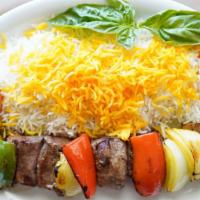 #24. Shish Kabob · Cubed, marinated beef filet, skewered with bell peppers and onions.