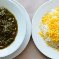 #59. Ghormeh Sabzi · Stew made with beef, vegetables, beans, herbs and plain basmati rice.
