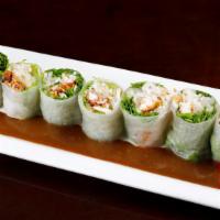 Soft Shell Crab Fresh Rolls · Fried soft shell crab, green leaves, bean sprouts, mint, and rice noodles wrapped in rice pa...