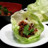 Minced Vegetable Lettuce Cups · Minced vegetarian chicken and vegetables sautéed and served with lettuce cups.