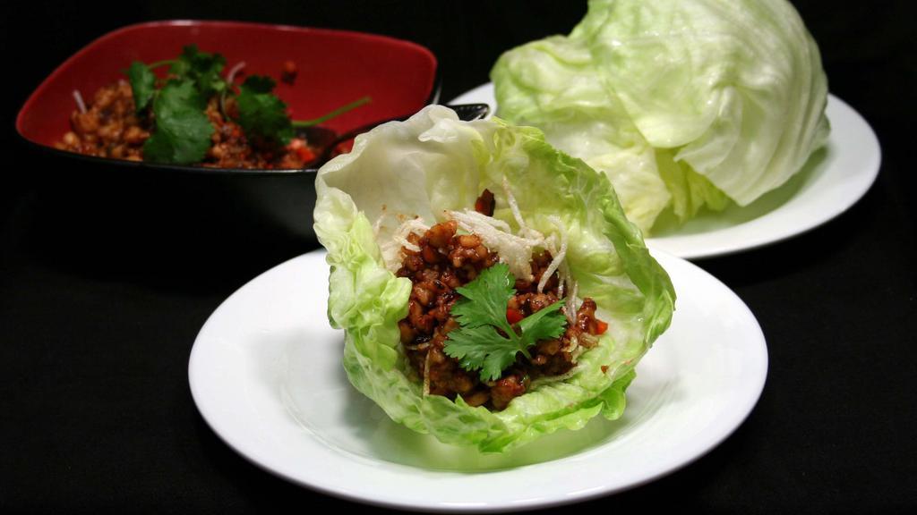 Minced Vegetable Lettuce Cups · Minced vegetarian chicken and vegetables sautéed and served with lettuce cups.