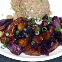 Eggplant · Spicy level: 2. With sweet and sour garlic sauce.