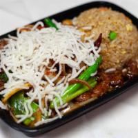 Mongolian Beef · Spicy level: 2. Onions, scallions, and crispy rice noodles.