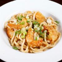 Crispy Shrimp Garlic Noodles · Parmesan cheese and scallions.