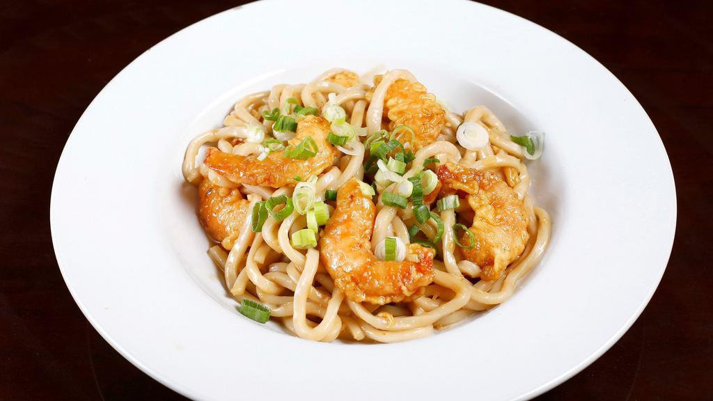Crispy Shrimp Garlic Noodles · Parmesan cheese and scallions.