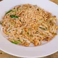 Chicken Pad Thai · Spicy level: 2. Egg, cabbage, bean sprouts, scallions, and rice noodles topped with peanuts.