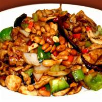 Kung Pao Chicken · Sautéed chicken, mushrooms, celery, carrots, bamboo shoots, bell peppers, onions, and peanuts.