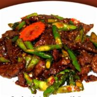 Beef with Asparagus · Sautéed beef with asparagus in spicy bean sauce.