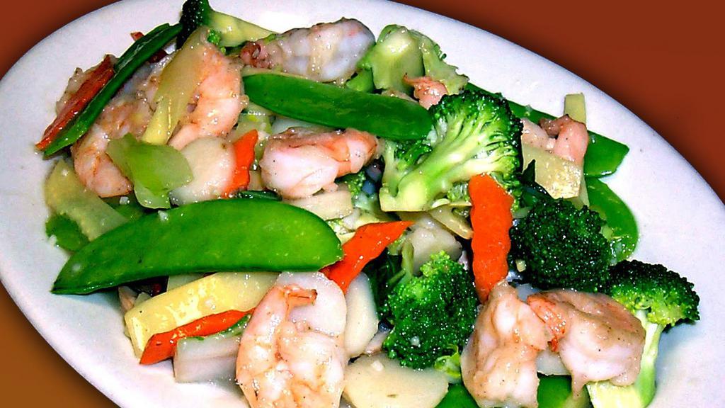 Shrimp with Vegetables · Sautéed Shrimp, broccoli, snow peas, celery, bok choy, bamboo shoots, and mushrooms