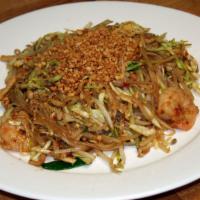 Pad Thai · Stir fried shrimp, chicken, egg, cabbage, bean sprouts, scallions, and rice noodles topped w...