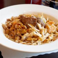Combination Chow Fun · Stir fried chow fun noodles with bean sprouts, onions, and scallions with combination.