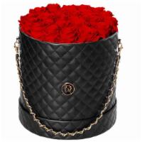 Forever Rose Hat Box Bouquet (Large Black Box - 24 Roses) · This bouquet comes with 24 of our Large Ecuadorian Preserved Roses in our Large Black Quilte...