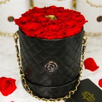 Forever Rose Red & Gold Roses - Medium Quilted Hat Box Rose Bouquet  · This bouquet comes with over 12 of our Large Ecuadorian Preserved Roses in our Medium Quilte...