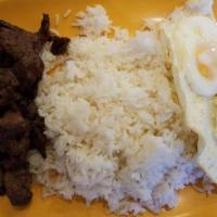 Tapsilog · Beef tapa, garlic rice, 2 eggs.