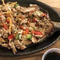 Bangus Sisig · Fried boneless bangus with red bell pepper, onions, jalapeños tossed in special sauce.