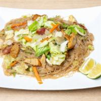 Pancit Guisado · Stir fried vermicelli with chicken, Chinese sausage and mixed vegetables.