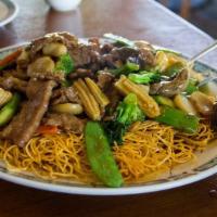 410. Hong Kong Styled Pan-Fried Noodle · Chicken, Pork, Beef, or Shrimp (Additional charge  for Combo or Seafood).