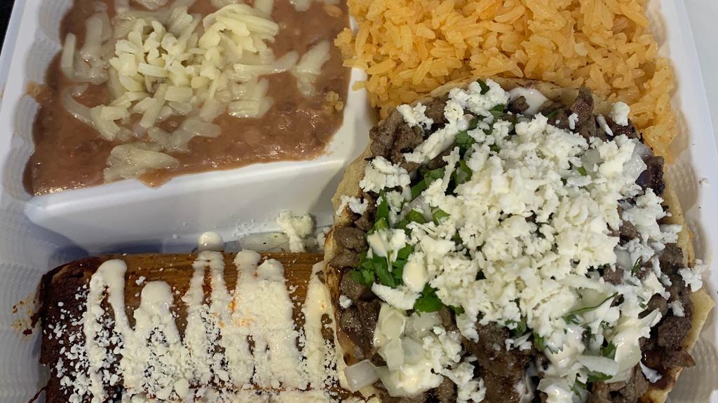 Combination Tamale and Sope Plate Lunch · Your choice of one tamales and one sopes. Choose a tamale: pork tamale, chicken tamale. Choose a sope: chicken sope, poblano peppers sope.