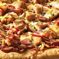 BBQ Chicken Pizza · Tandoori chicken, BBQ sauce, onion, bell pepper & cilantro.