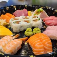 Sushi and Sashimi Combo · Chef's choice 6 pcs sashimi, 10pcs nigiri and a spicy tuna roll.