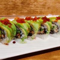 Dragon · Shrimp tempura roll topped with ecl, avocado & imitation crab meat, unagi sauce and tobiko.