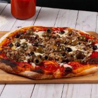 Mediterranea Pizza · White and black olives, sausage, mozzarella cheese, tomato sauce.