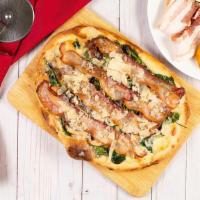 Sweet Sicily Pizza · Smoked mozzarella cheese, blue cheese, bacon, mushrooms, spinach.