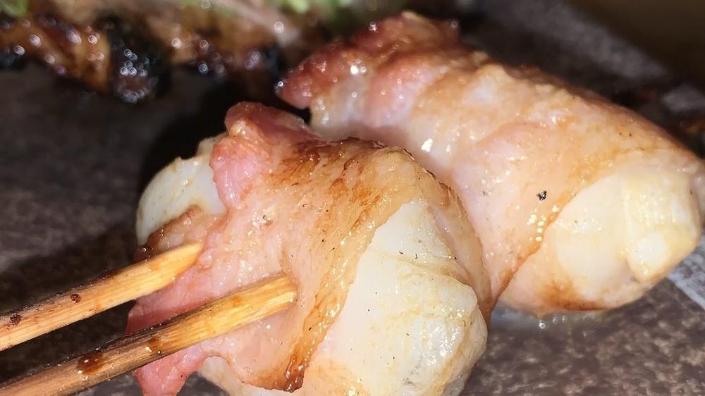 Bacon Scallop · Bacon Wrapped Scallop Seasoned with Sea Salt, Tare Sauce, and Charcoal Grilled with Binchotan (Japanese White Charcoal)