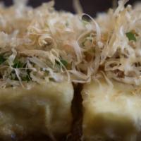 Agedashi Tofu · Fried Tofu in Dashi Broth Topped with Bonito Flakes and Scallions
