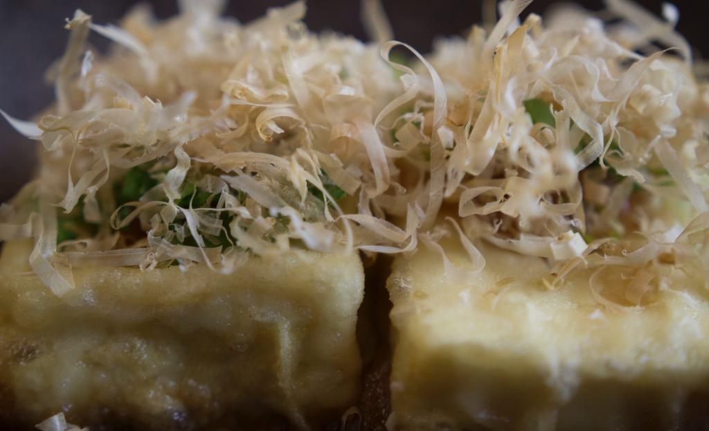 Agedashi Tofu · Fried Tofu in Dashi Broth Topped with Bonito Flakes and Scallions